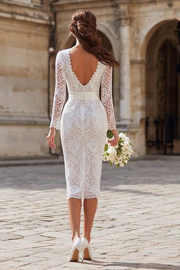 Long Sleeve Bodycon Lace Ivory Engagement Dress with Sash